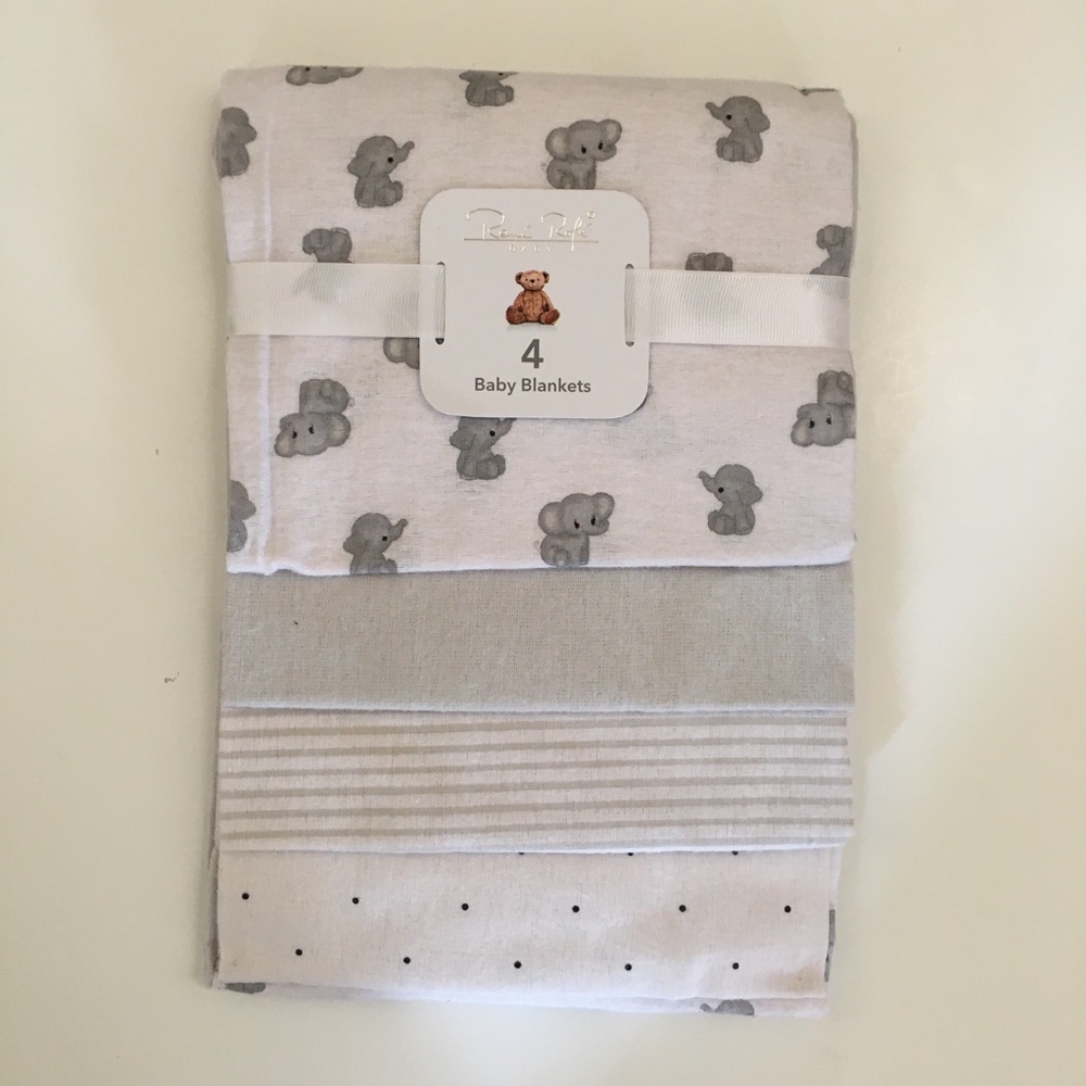 NEW 4 Rene Rofe Baby Receiving Blankets Gray Cotton Elephants Polka Dots Stripes